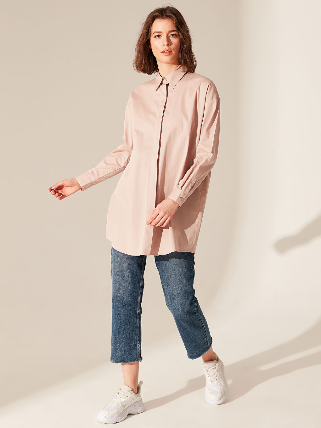 Bej Düz Uzun Kollu Oversize Poplin Kadın Gömlek Tunik-4