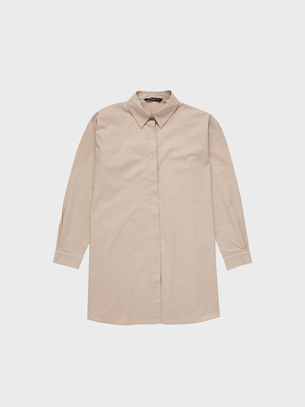 Bej Düz Uzun Kollu Oversize Poplin Kadın Gömlek Tunik-1