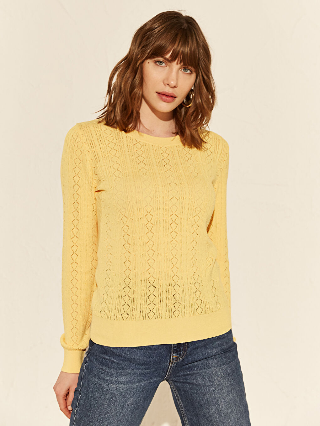 Sarı Bisiklet Yaka Uzun Kollu Kadın Kazak-1