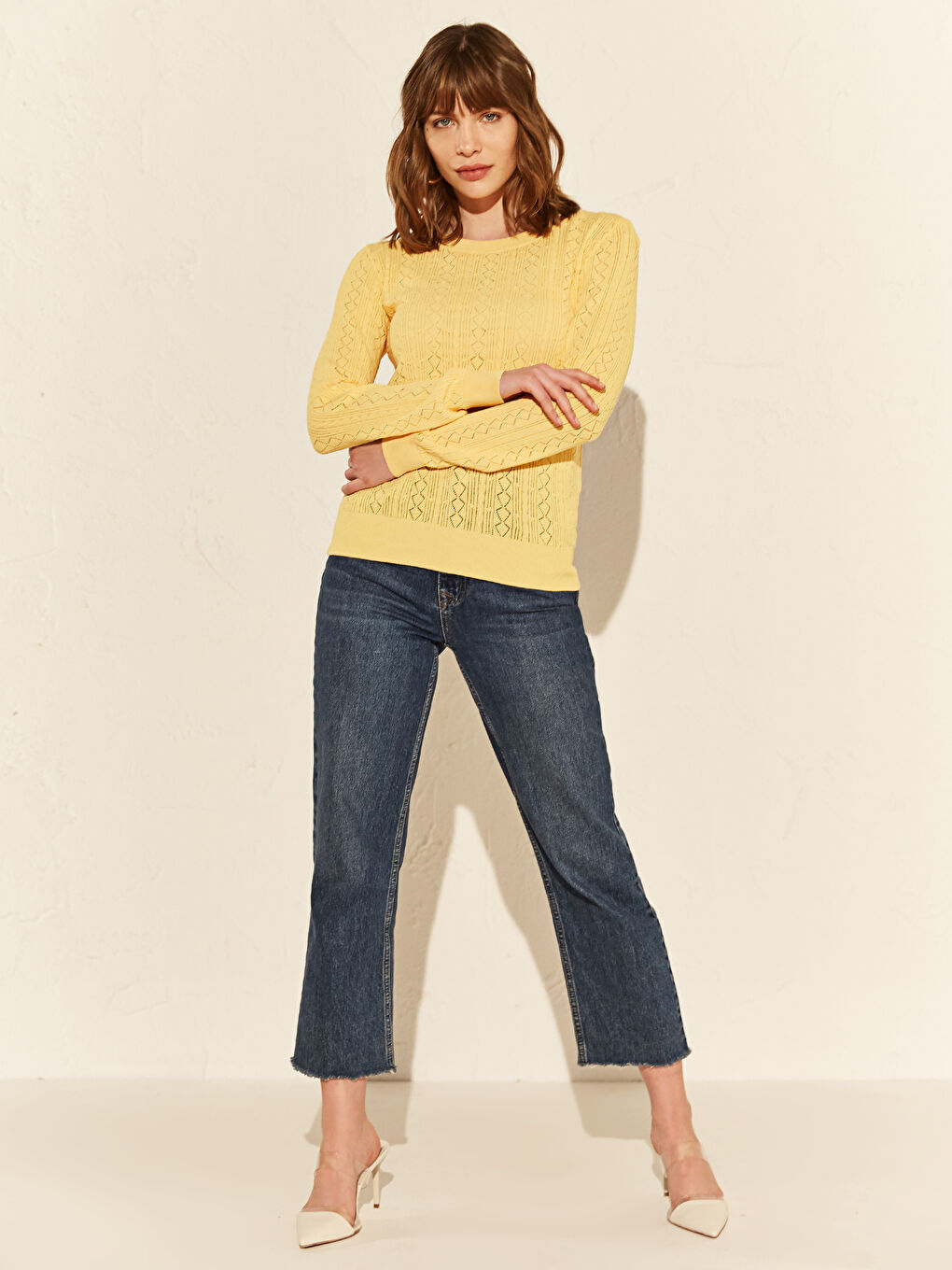 Sarı Bisiklet Yaka Uzun Kollu Kadın Kazak-2