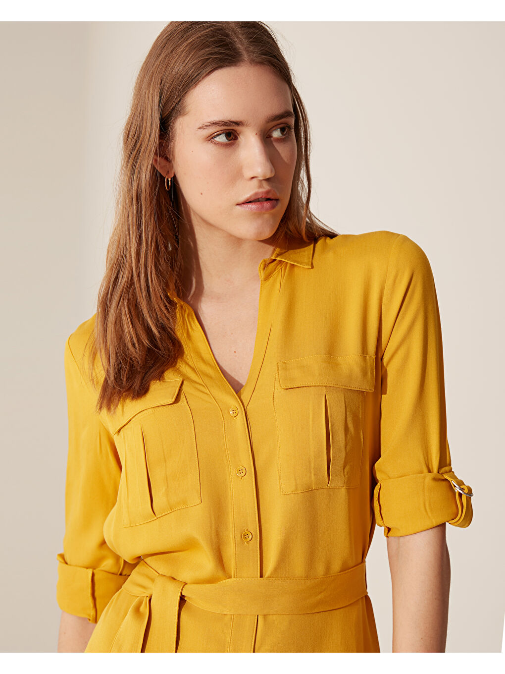 Sarı Rahat Kalıp Uzun Kollu Kadın Elbise-3