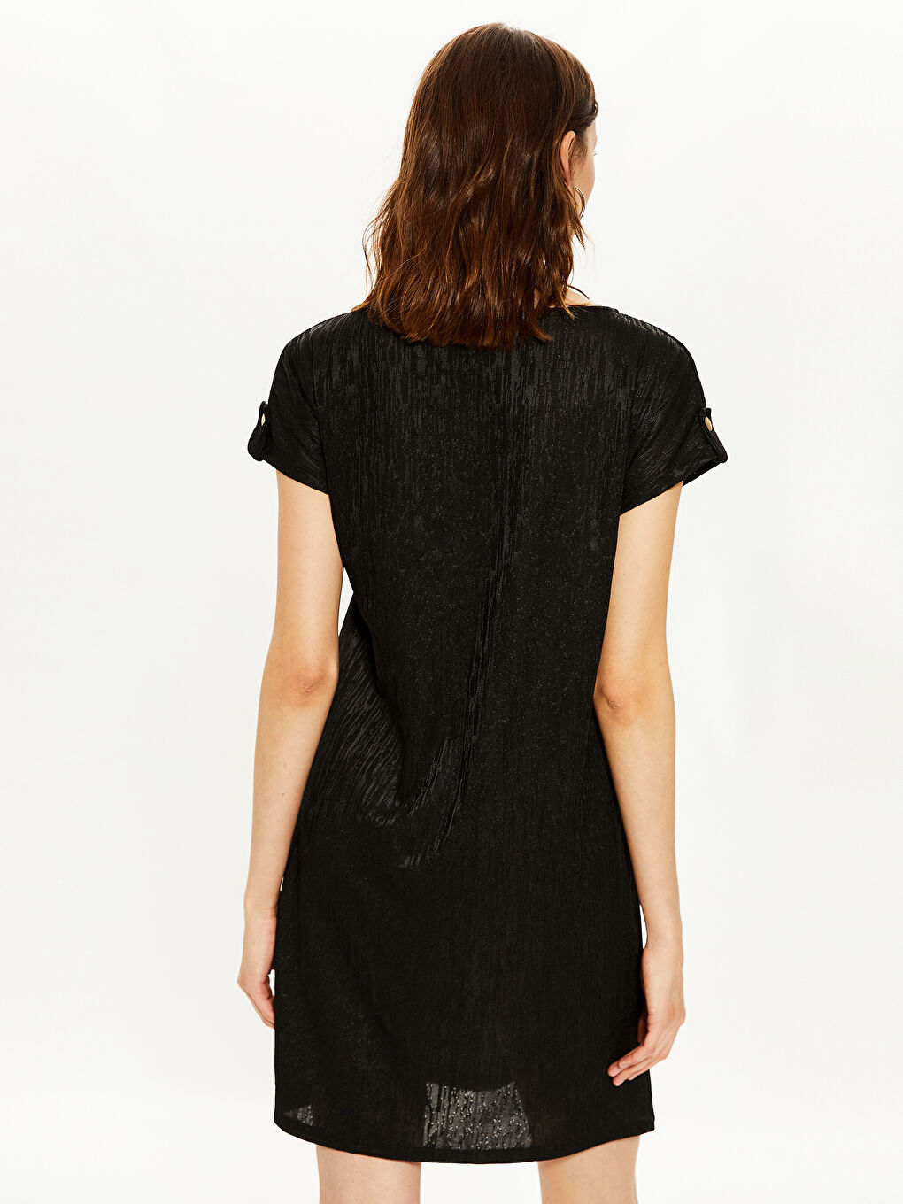 Siyah Bisiklet Yaka Kendinden Desenli Kısa Kollu Kadın Elbise-2