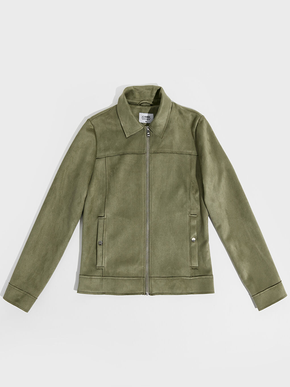 Haki Uzun Kollu Kadın Deri Görünümlü Mont