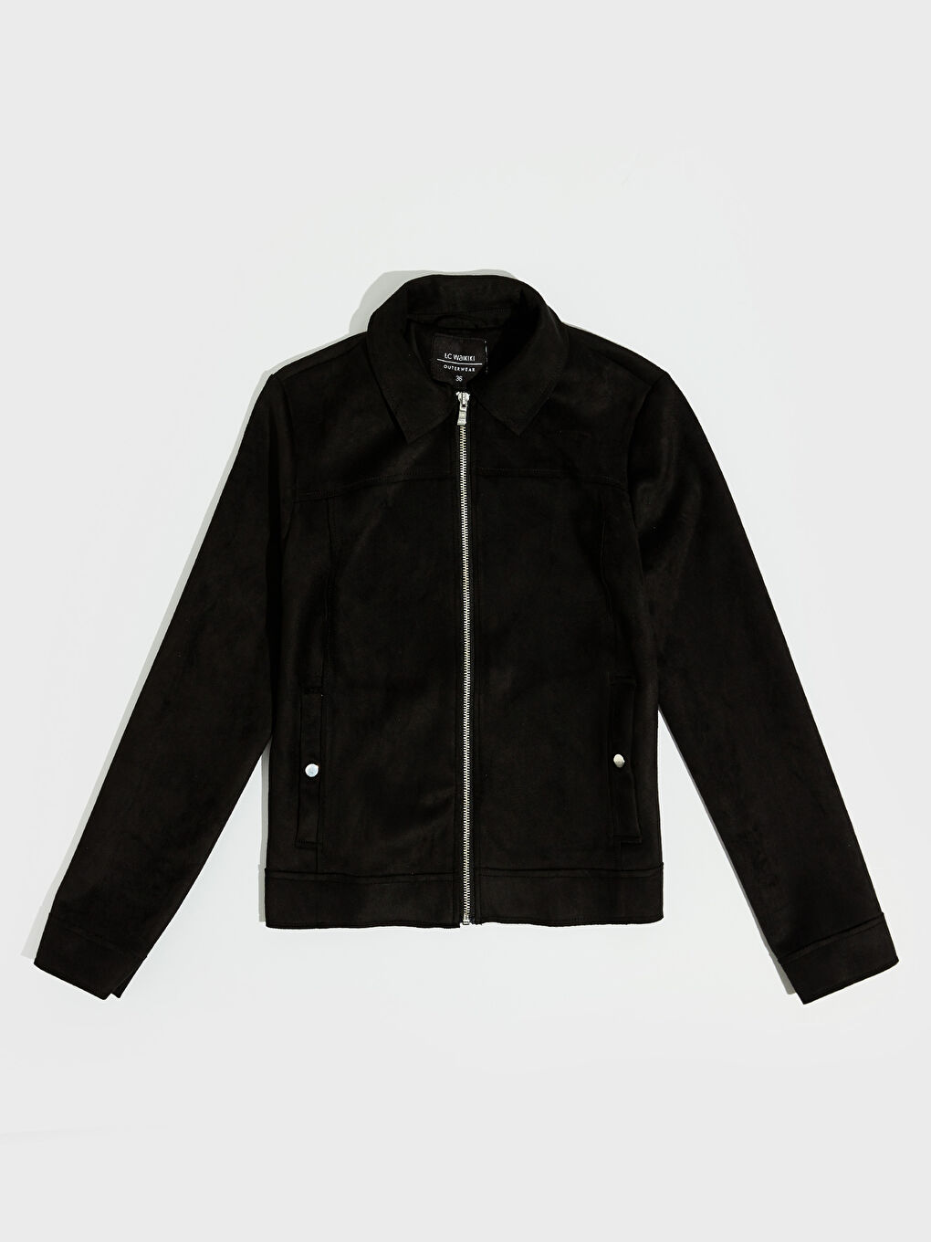 Siyah Uzun Kollu Kadın Deri Görünümlü Mont