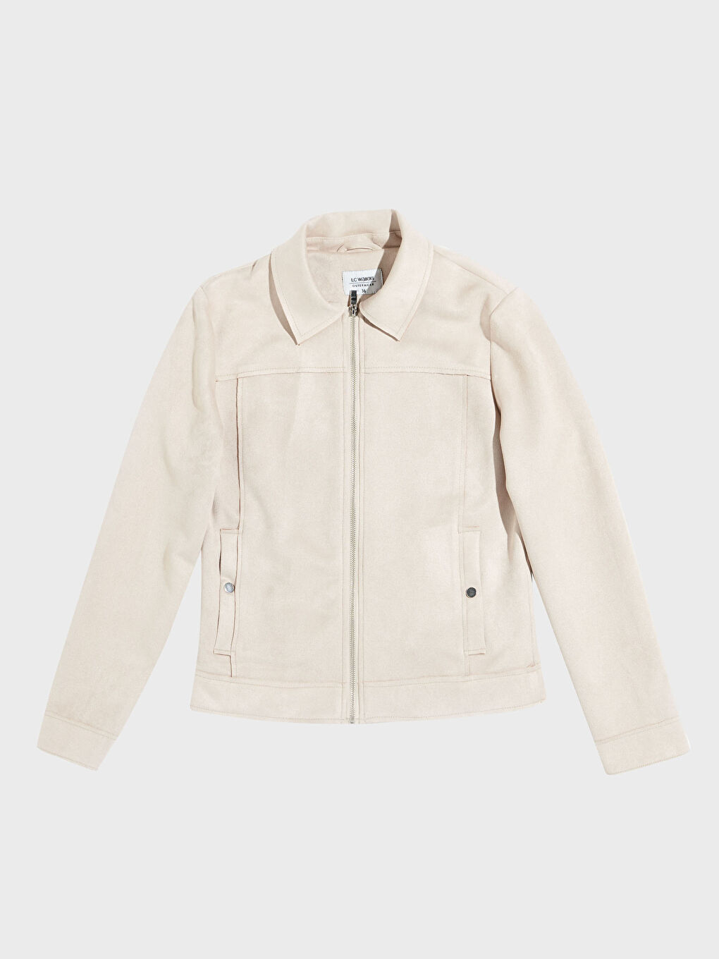 Bej Uzun Kollu Kadın Deri Görünümlü Mont