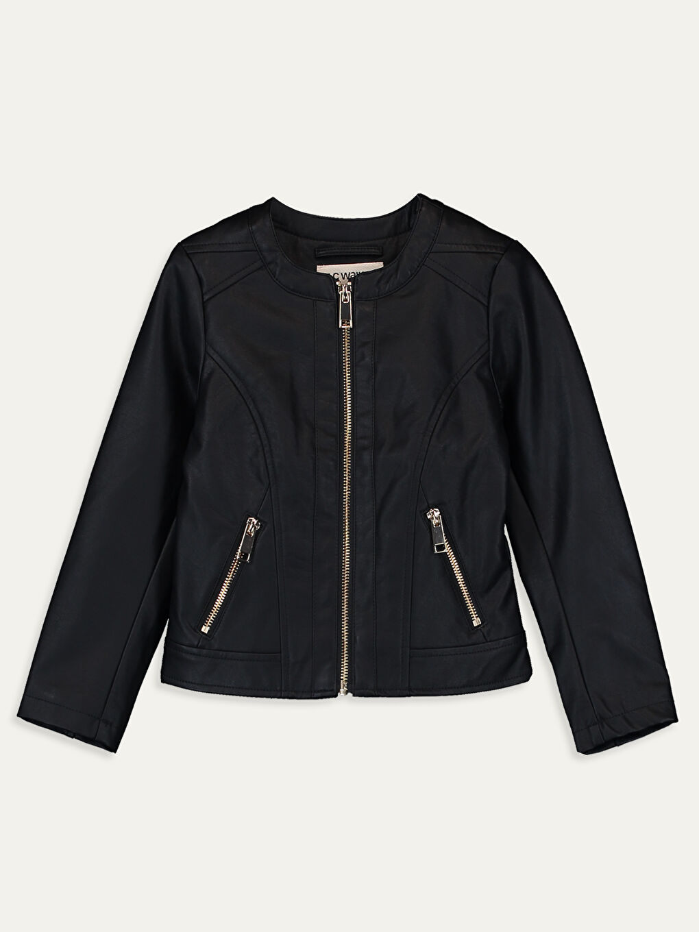 Siyah Bisiklet Yaka Deri Görünümlü Kız Çocuk Ceket