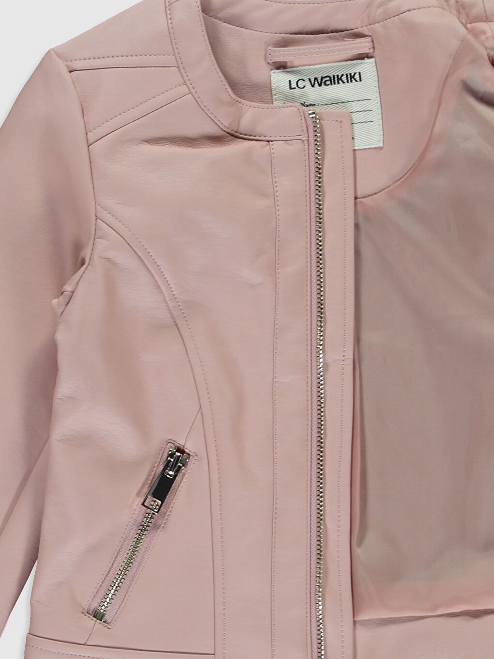 Pembe Bisiklet Yaka Deri Görünümlü Kız Çocuk Ceket-2