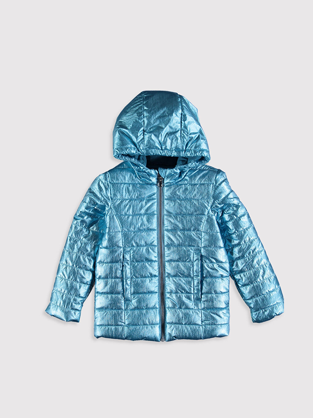 Metalik Kapüşonlu Uzun Kollu Kız Çocuk Şişme Mont