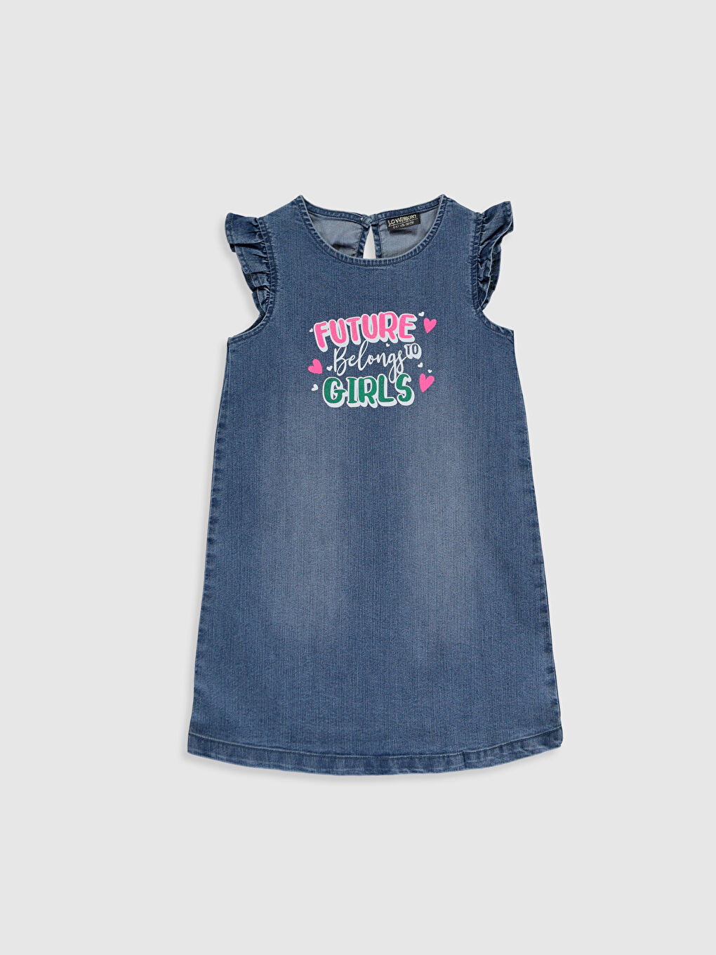 İndigo Bisiklet Yaka Baskılı Fırfır Detaylı Kız Çocuk Jean Elbise