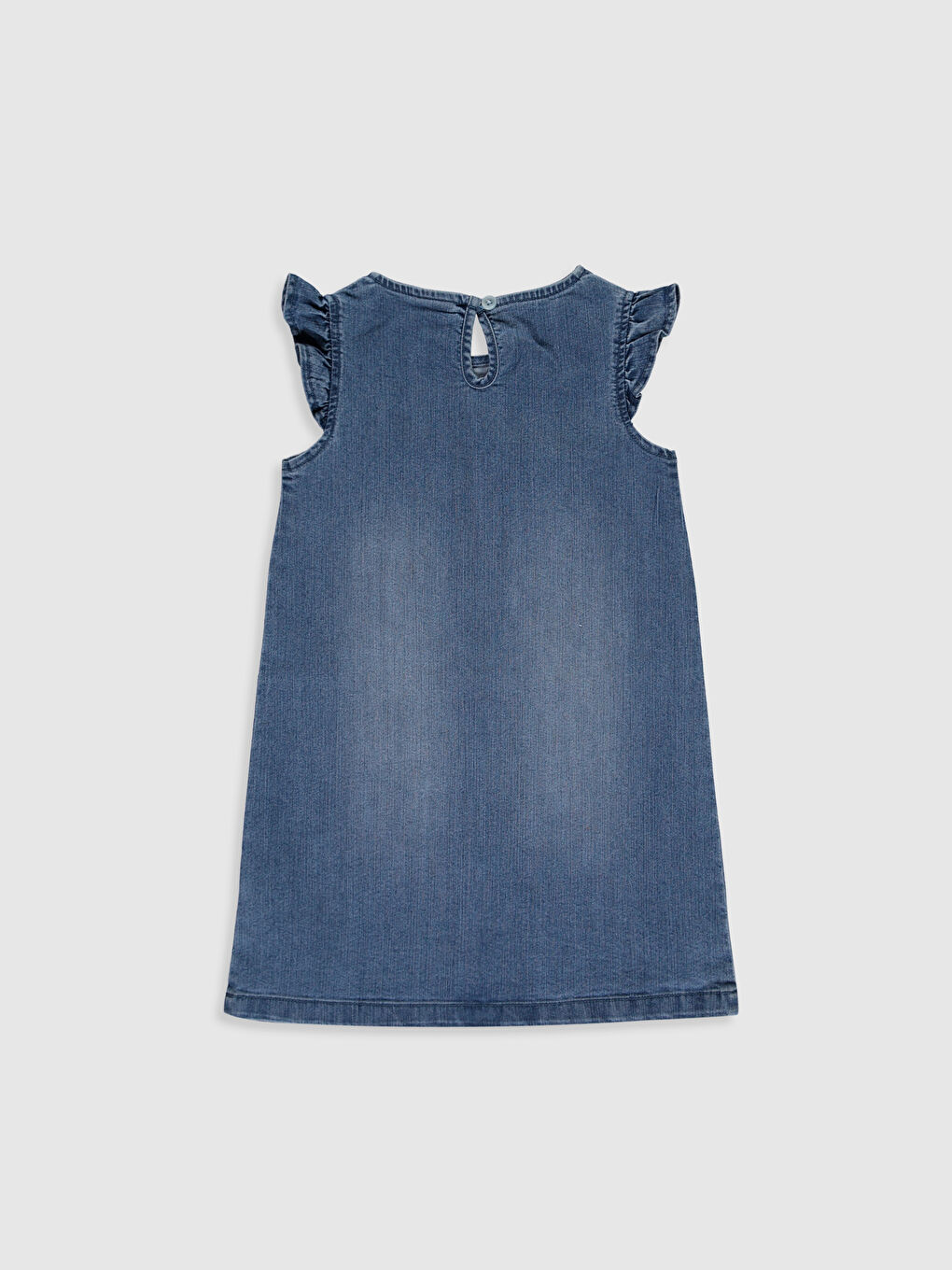 İndigo Bisiklet Yaka Baskılı Fırfır Detaylı Kız Çocuk Jean Elbise-1