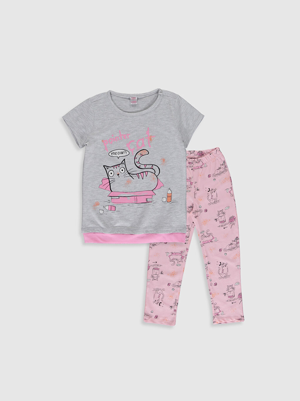 Gri Bisiklet Yaka Baskılı Kısa Kollu Kız Çocuk Pijama Takımı