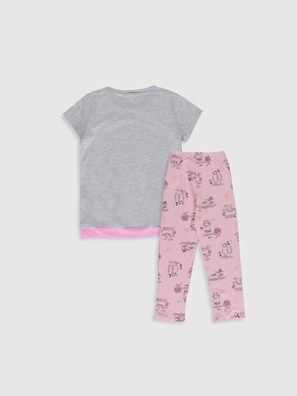 Gri Bisiklet Yaka Baskılı Kısa Kollu Kız Çocuk Pijama Takımı-1