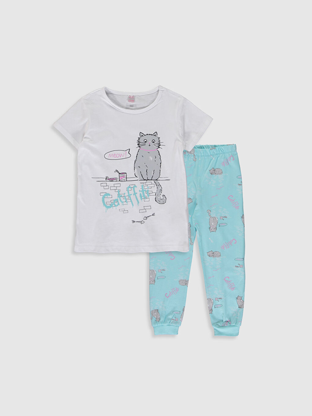 Beyaz Bisiklet Yaka Baskılı Kısa Kollu Kız Çocuk Pijama Takımı