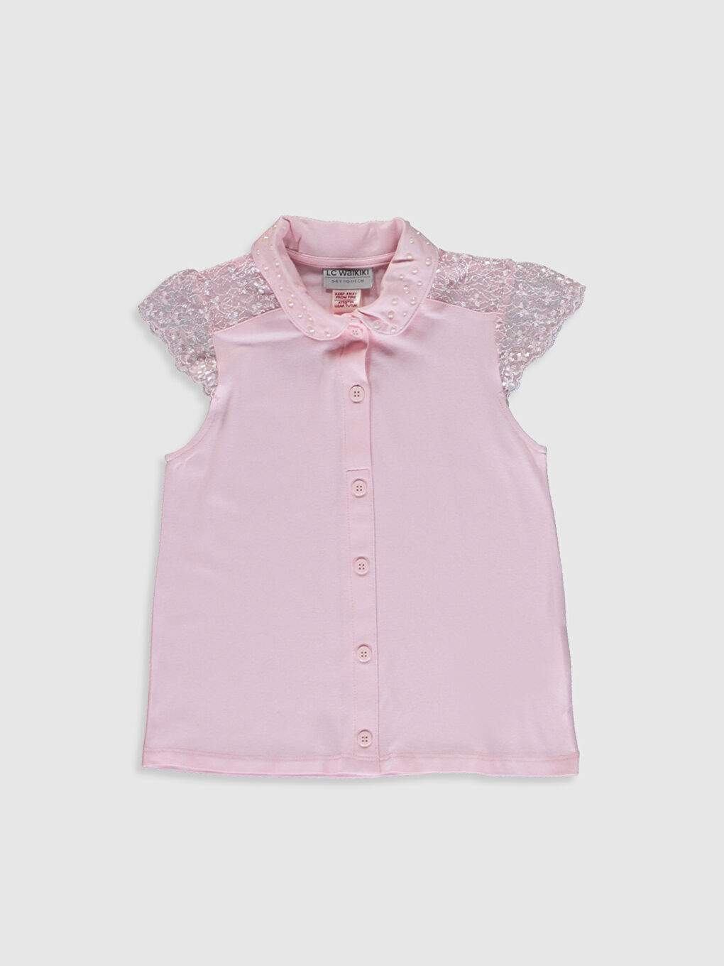 Pembe Dantel Detaylı Kısa Kollu Kız Çocuk Bluz-5