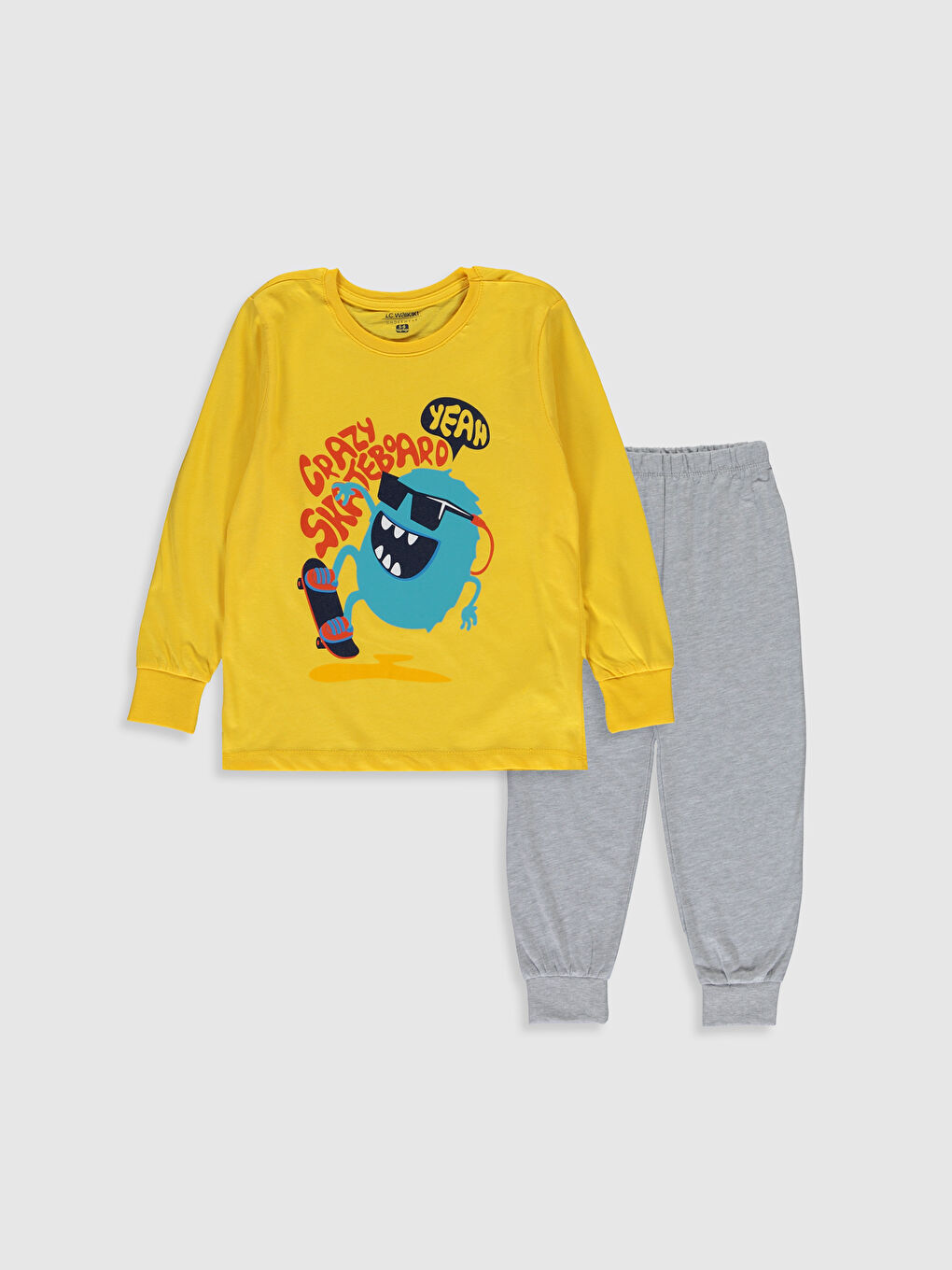 Sarı Bisiklet Yaka Uzun Kollu Erkek Çocuk Pijama Takım