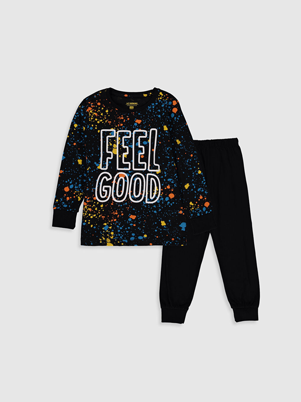 Siyah Bisiklet Yaka Uzun Kollu Erkek Çocuk Pijama Takım