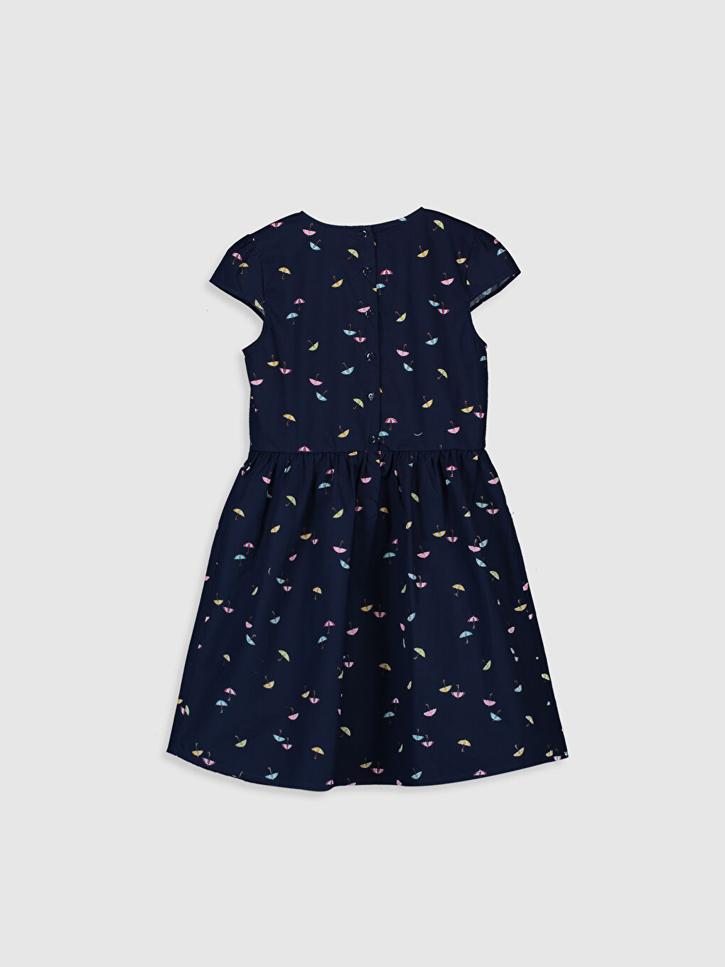 Lacivert Bisiklet Yaka Baskılı Kısa Kollu Pamuklu Kız Çocuk Elbise-1