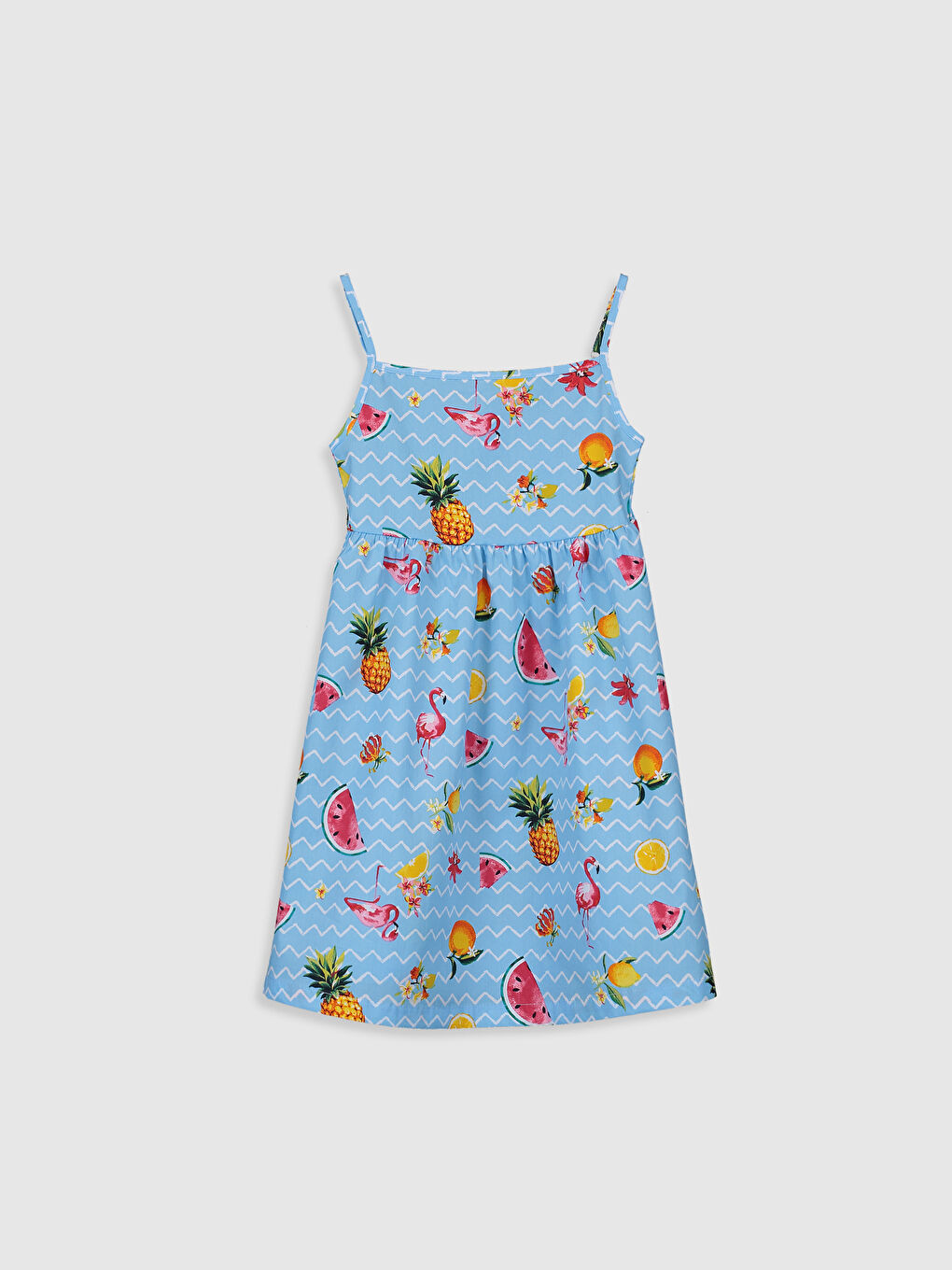 Mavi Kare Yaka Askılı Desenli Pamuklu Kız Çocuk Elbise