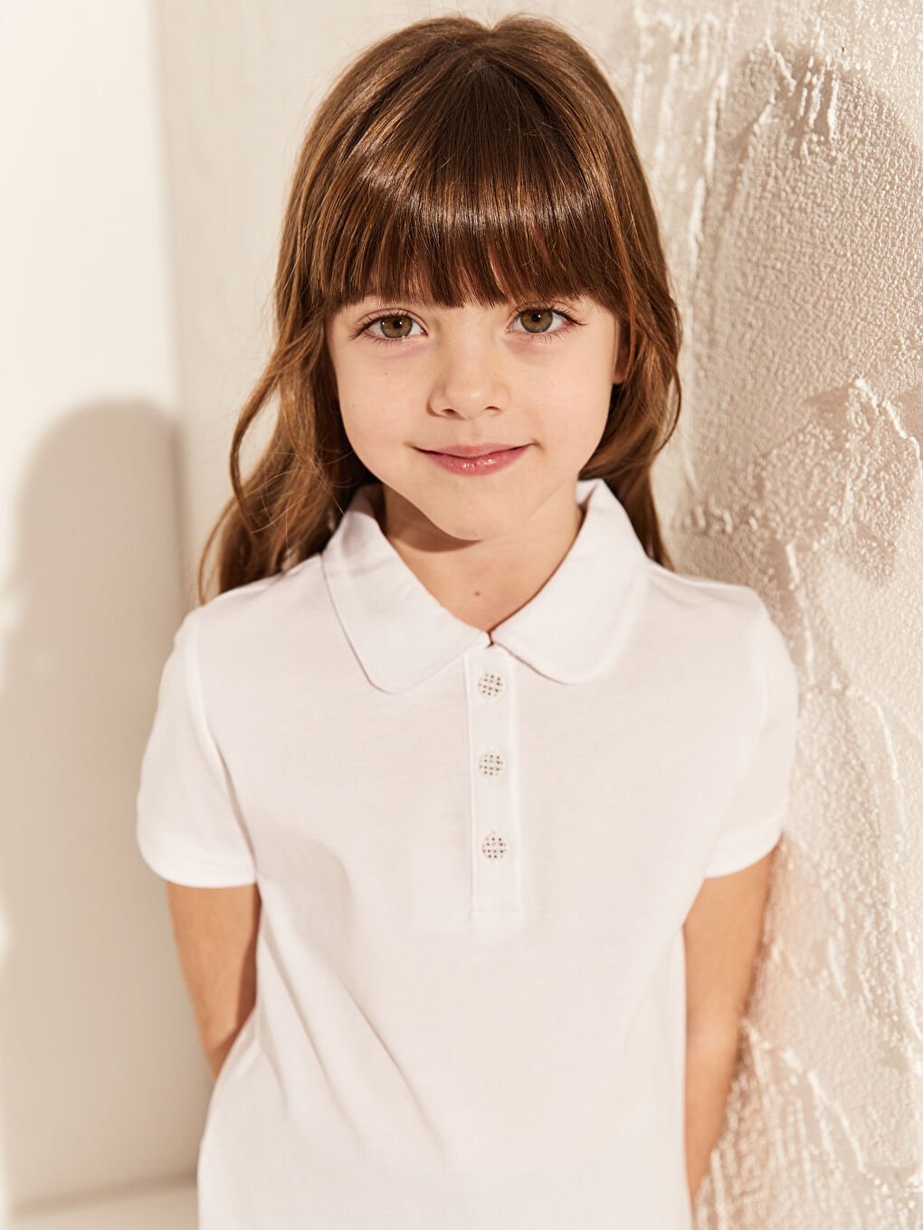 Beyaz Polo Yaka Kısa Kollu Kız Çocuk Tişört