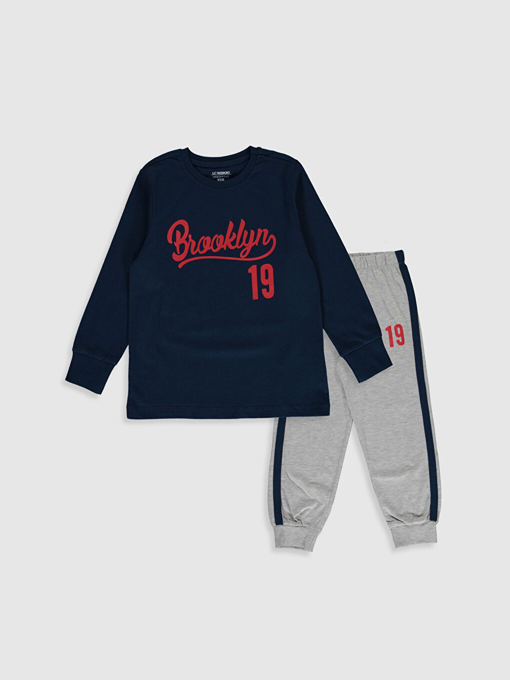 Gri Bisiklet Yaka Uzun Kollu Erkek Çocuk Pijama Takım