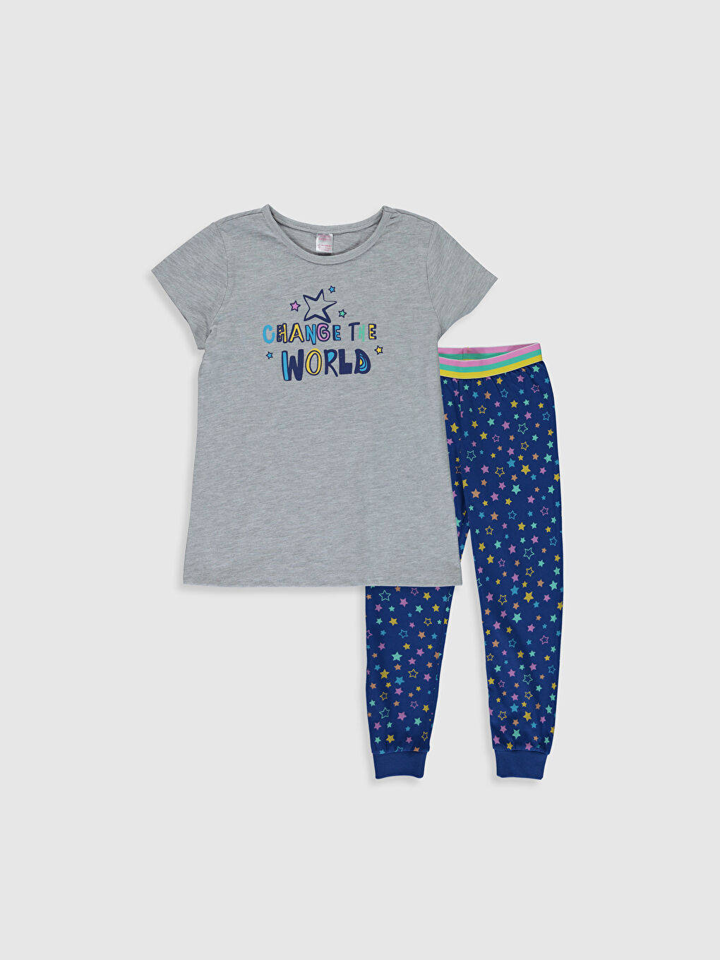 Gri Bisiklet Yaka Kısa Kollu Kız Çocuk Pijama Takım