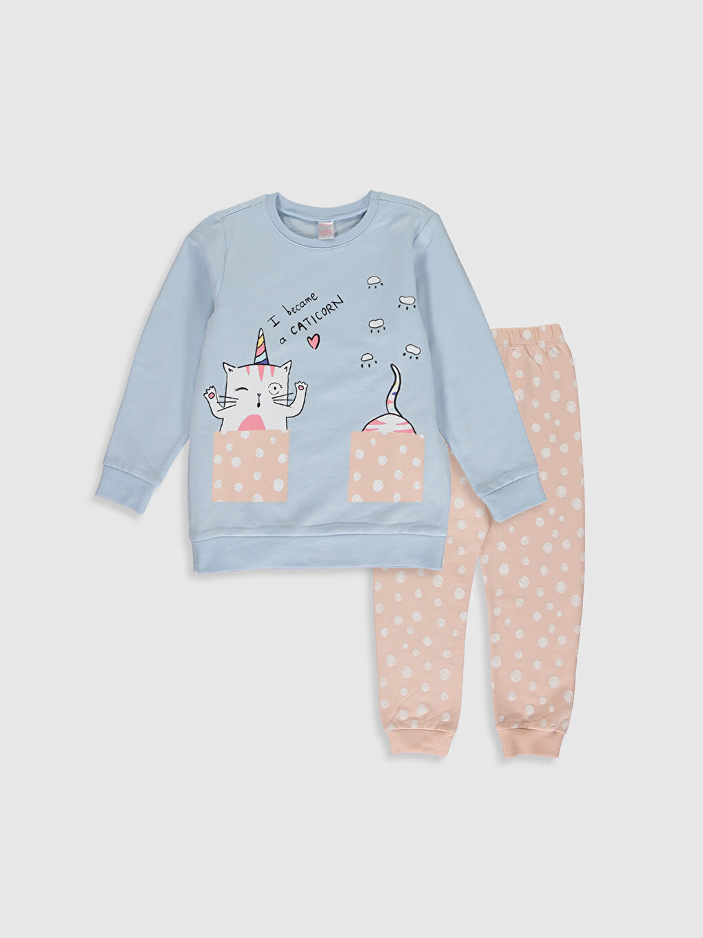 Mavi Bisiklet Yaka Uzun Kollu Kız Çocuk Pijama Takım