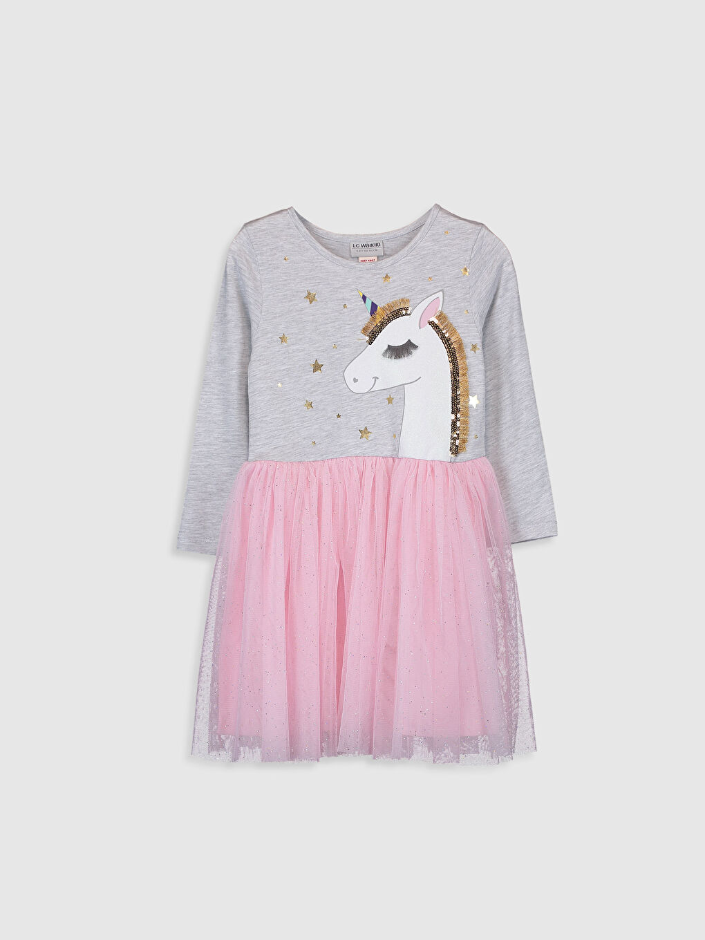 Gri Bisiklet Yaka Baskılı Pul İşlemeli Kız Çocuk Elbise