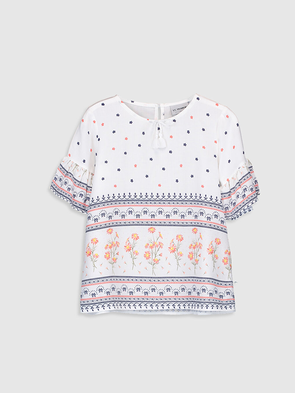 Crew Neck Patterned Short Sleeve Viscose Girls Blouse