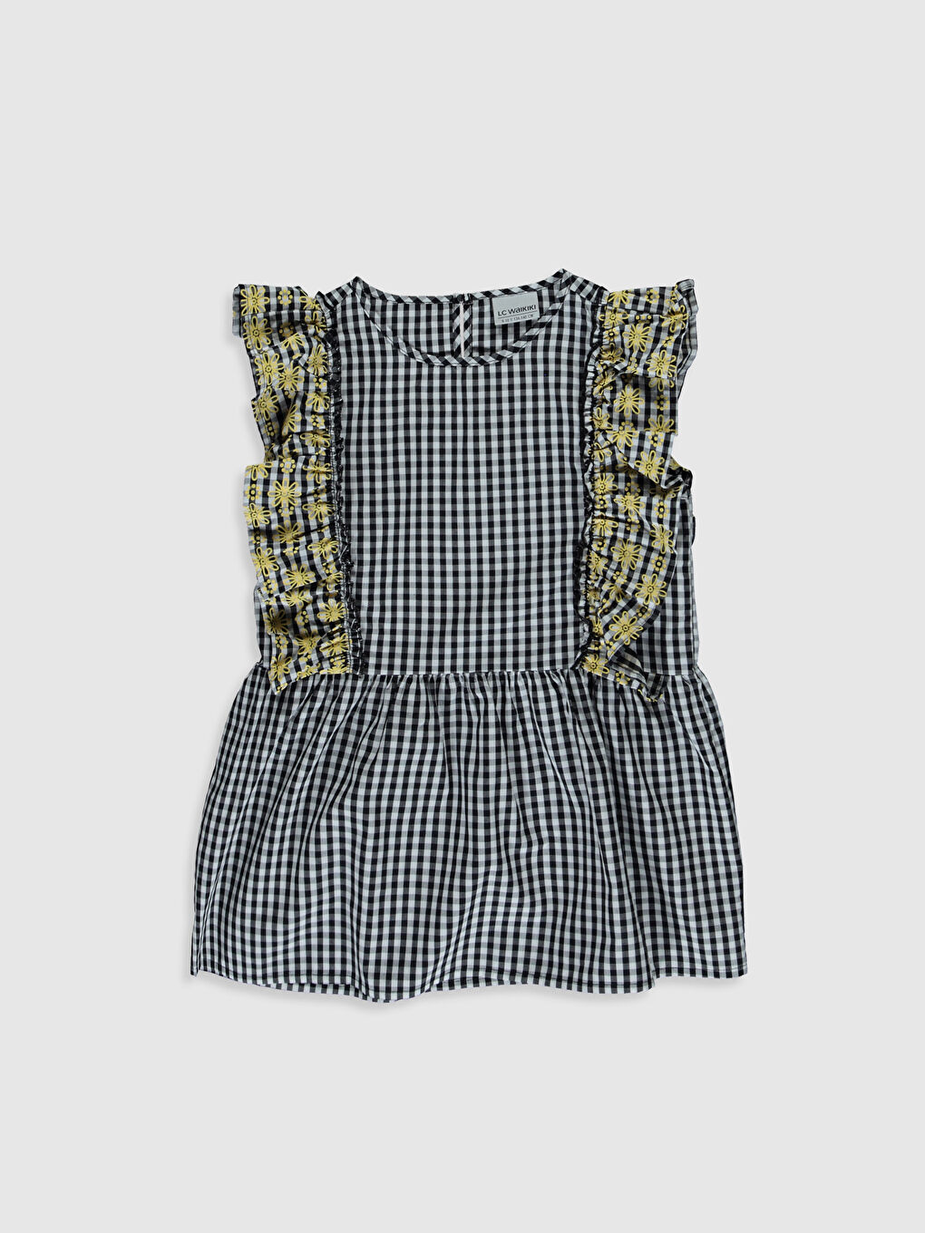 Siyah Bisiklet Yaka Fırfır Detaylı Ekose Poplin Kız Çocuk Bluz