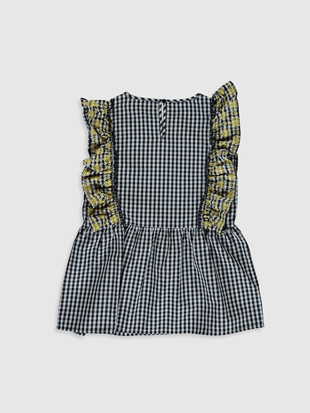 Siyah Bisiklet Yaka Fırfır Detaylı Ekose Poplin Kız Çocuk Bluz-1