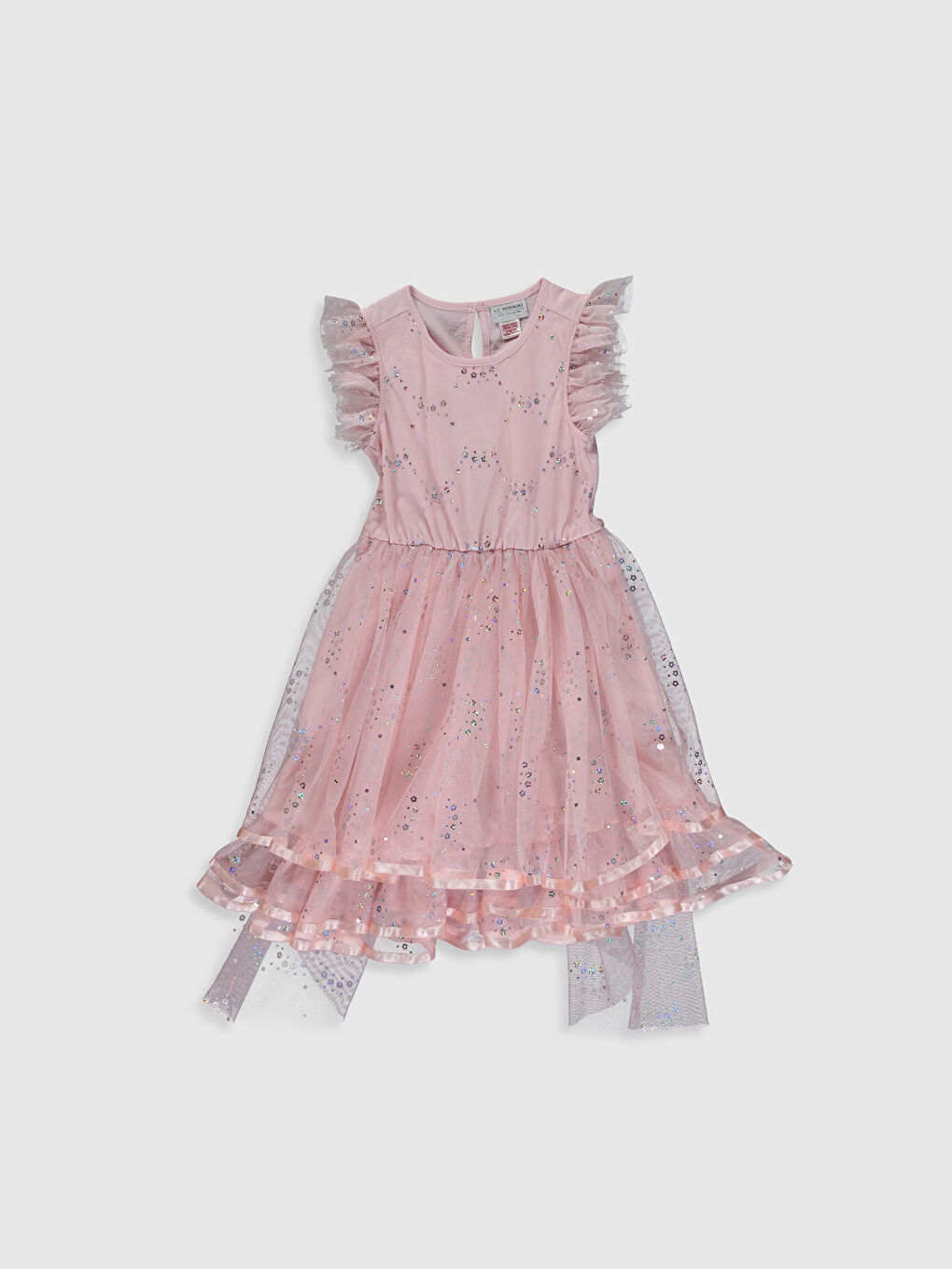Pembe Bisiklet Yaka Baskılı Fırfır Detaylı Kız Çocuk Tüllü Elbise-1