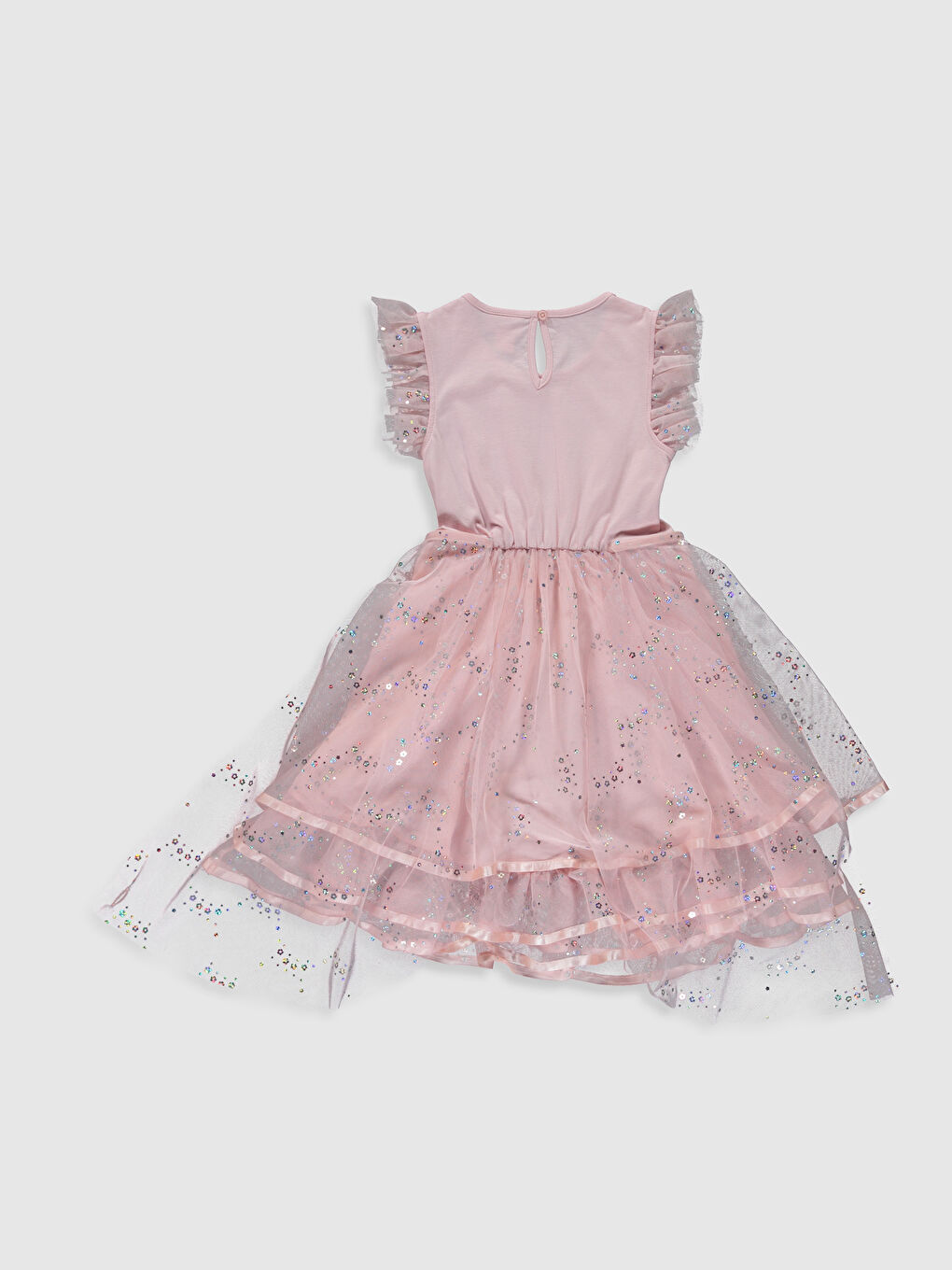 Pembe Bisiklet Yaka Baskılı Fırfır Detaylı Kız Çocuk Tüllü Elbise-2