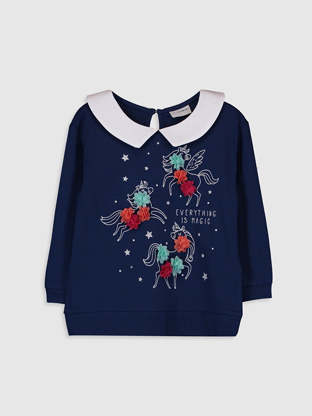 Lacivert Gömlek Yaka Baskılı Uzun Kollu Kız Çocuk Sweatshirt