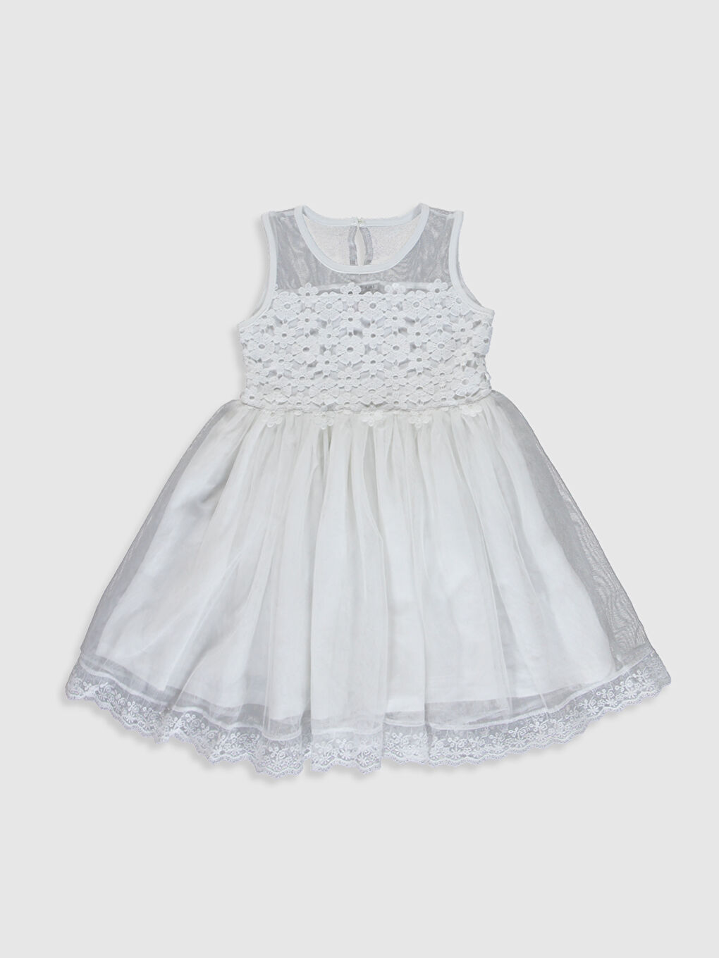 Beyaz Bisiklet Yaka Dantel Detaylı Kız Çocuk Tüllü Elbise-1