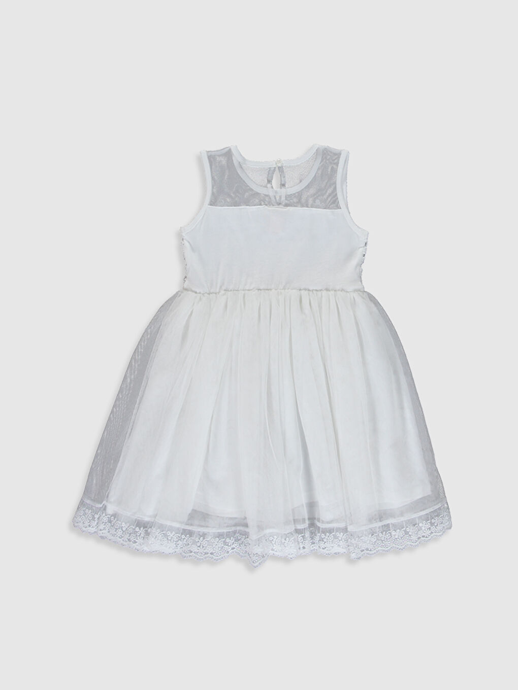 Beyaz Bisiklet Yaka Dantel Detaylı Kız Çocuk Tüllü Elbise-2