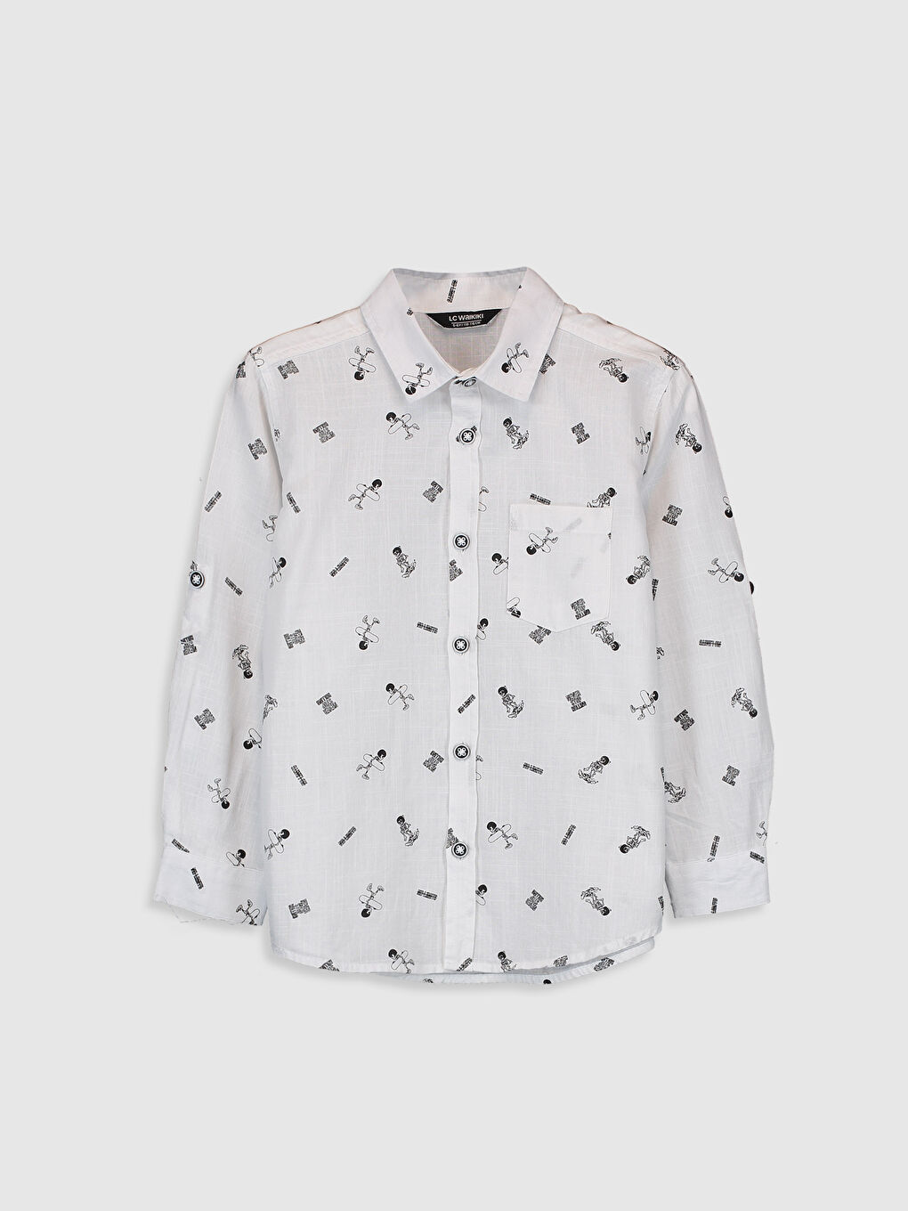 Beyaz Desenli Uzun Kollu Poplin Erkek Çocuk Gömlek