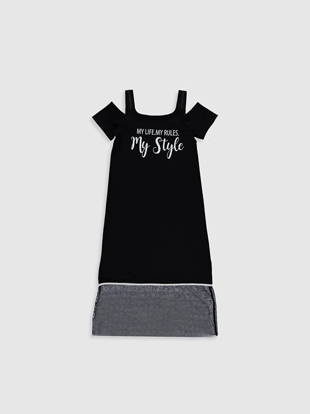 Siyah Bisiklet Yaka Kısa Kollu Kız Çocuk Elbise