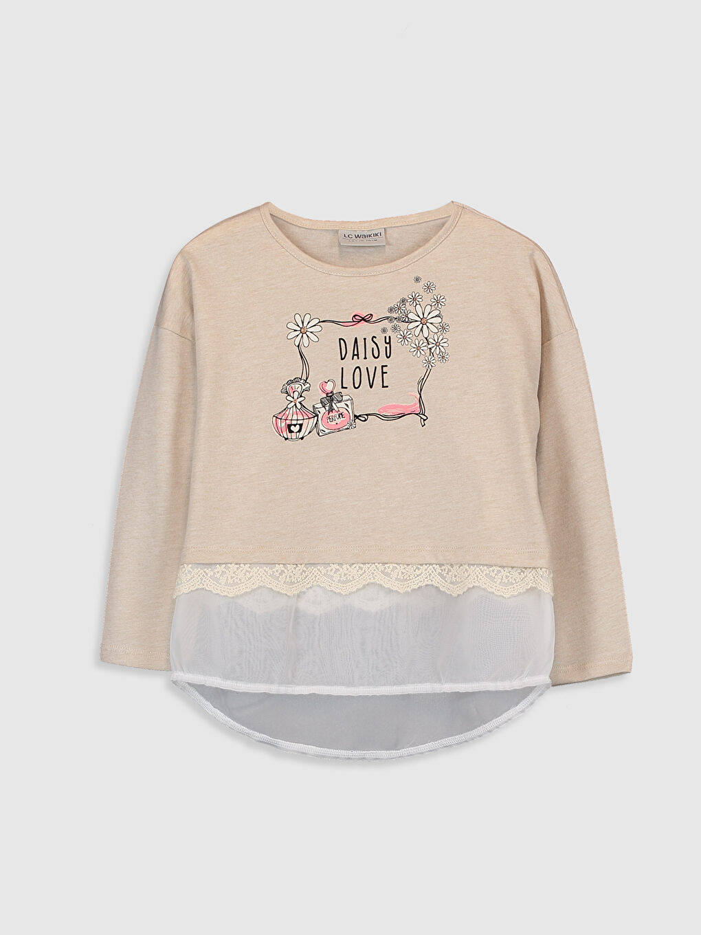 Ekru Bisiklet Yaka Uzun Kollu Kız Çocuk Tişört