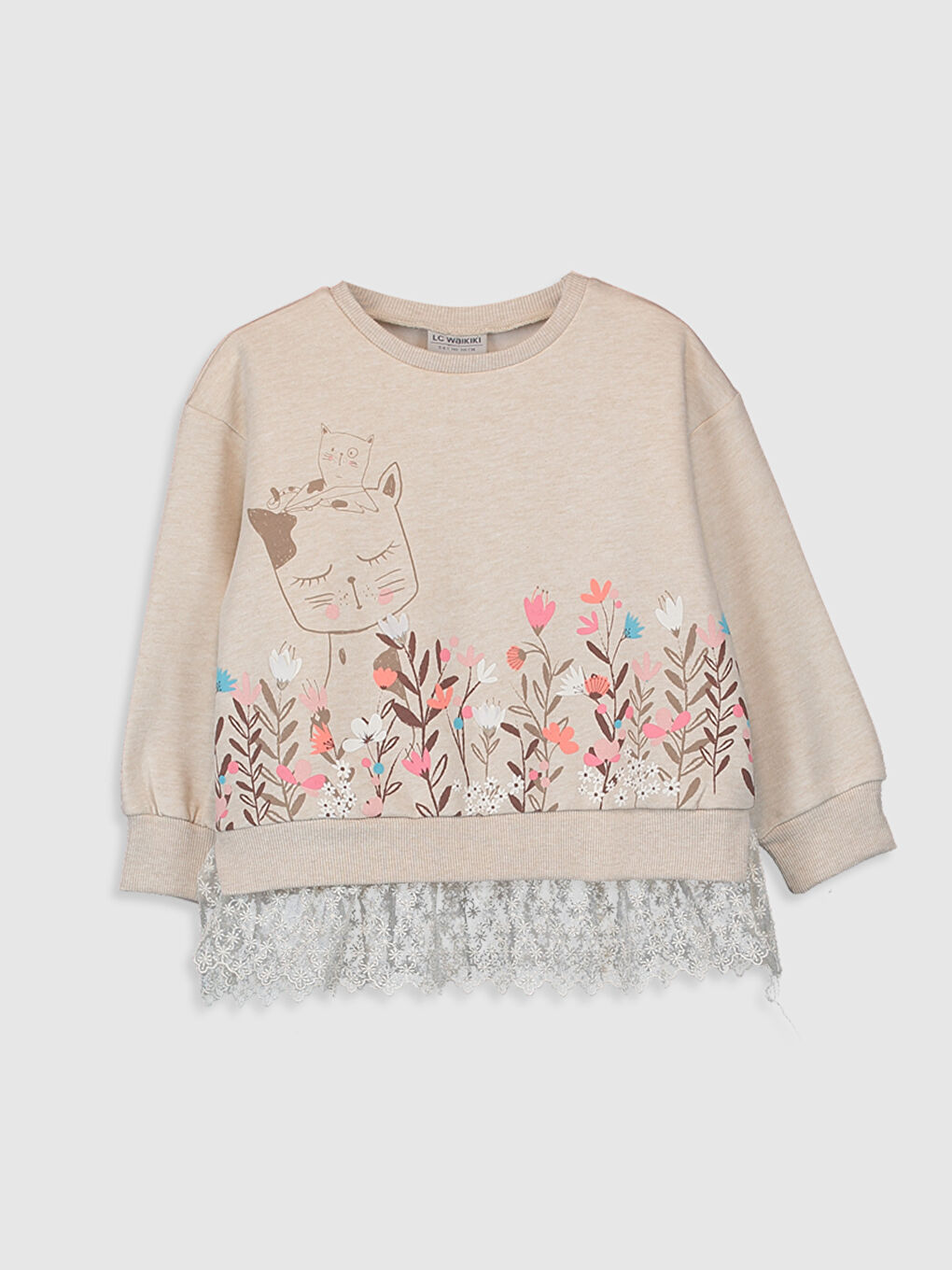 Ekru Bisiklet Yaka Uzun Kollu Kız Çocuk Sweatshirt