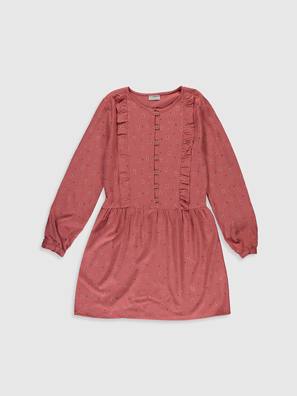 Kahverengi Bisiklet Yaka Desenli Uzun Kollu Viskon Kız Çocuk Elbise