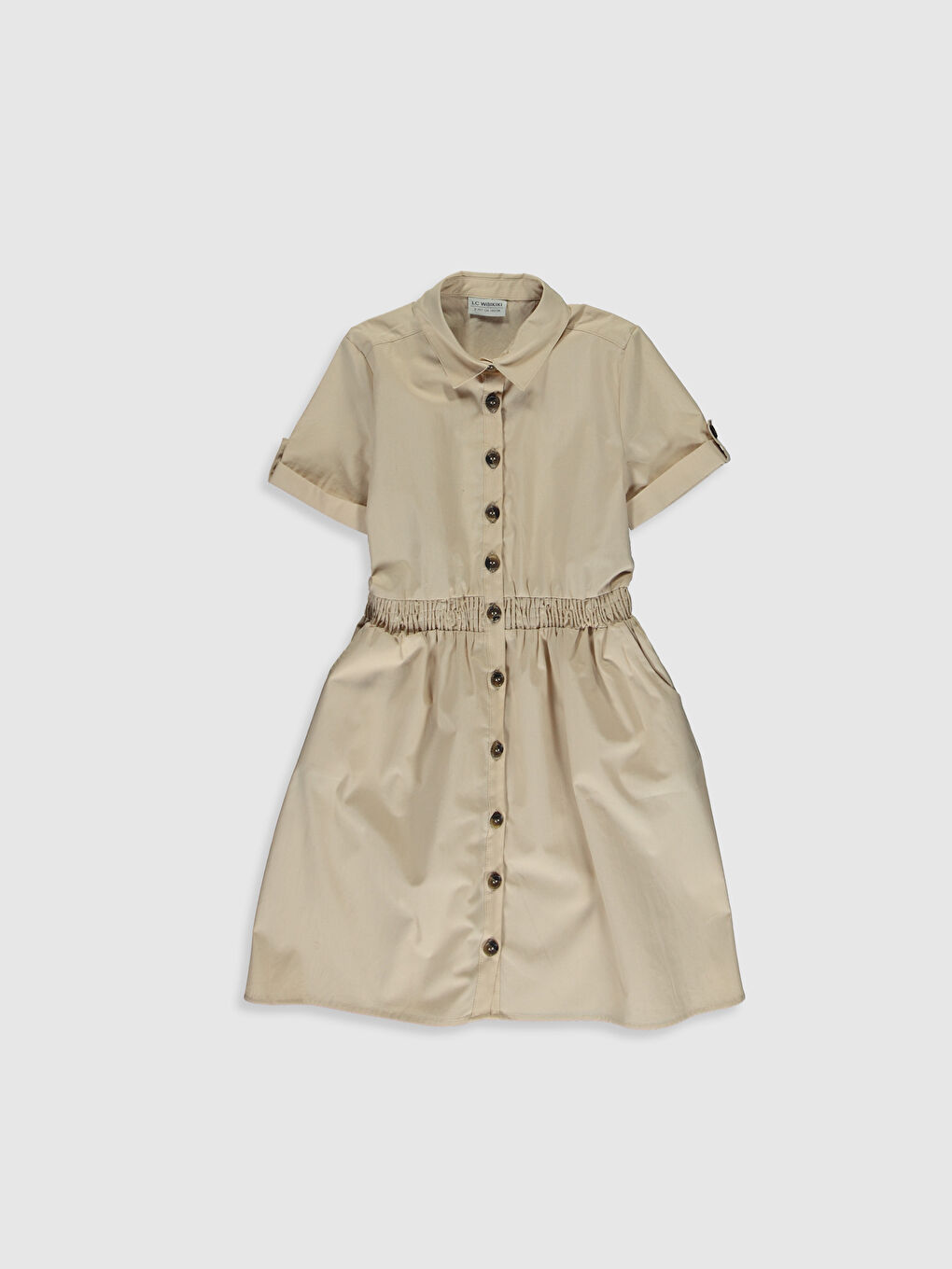 Bej Gömlek Yaka Basic Kısa Kollu Poplin Kız Çocuk Elbise