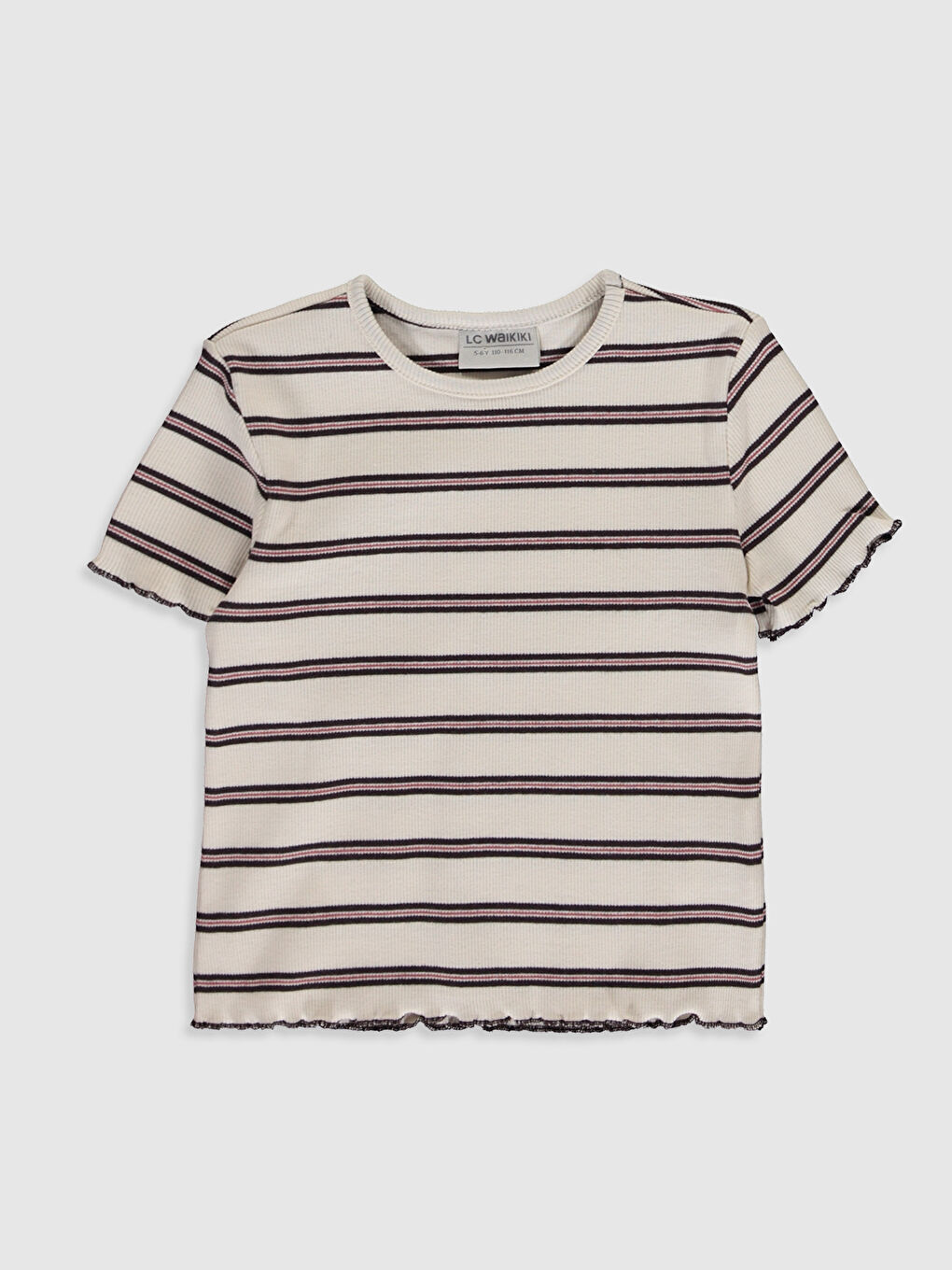 Kahverengi Bisiklet Yaka Kısa Kollu Kız Çocuk Tişört