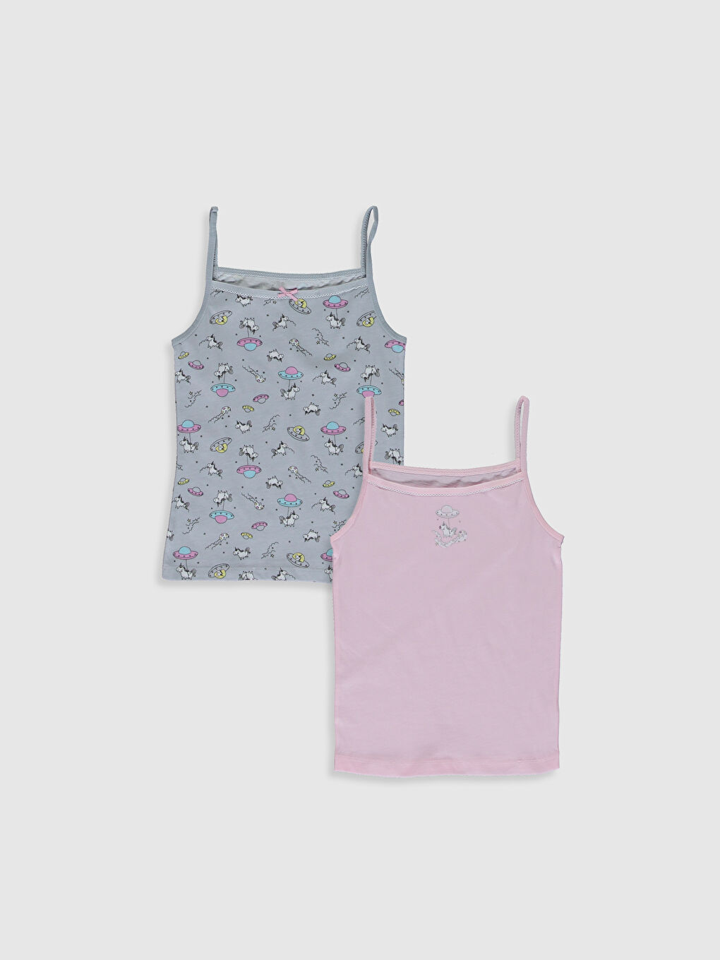 Pembe Kare Yaka Baskılı Askılı Kız Çocuk Atlet 2'li