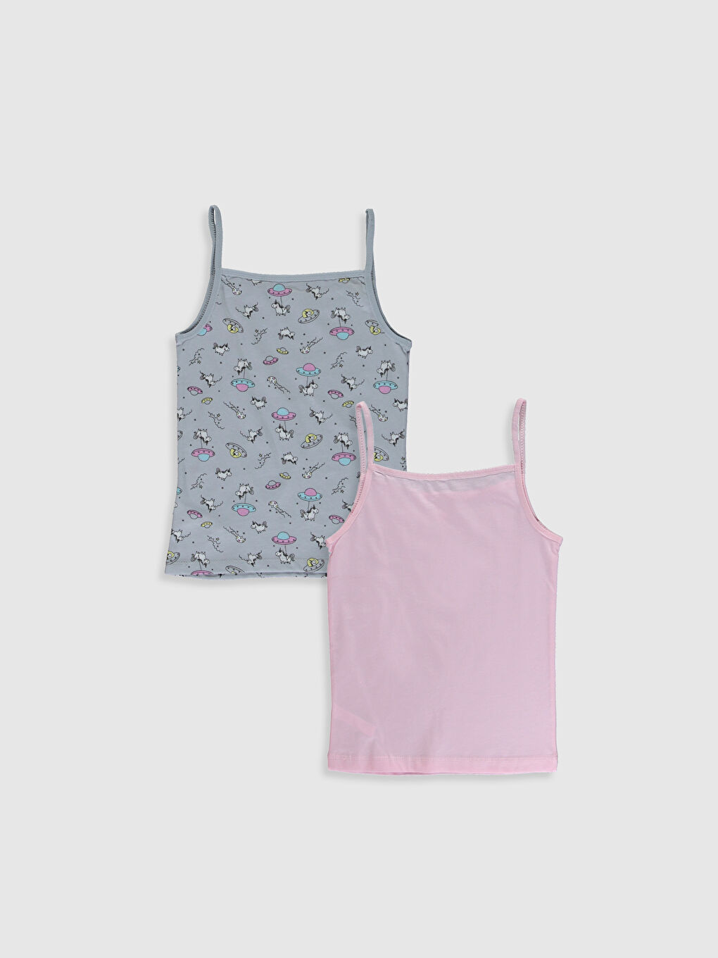 Pembe Kare Yaka Baskılı Askılı Kız Çocuk Atlet 2'li-1