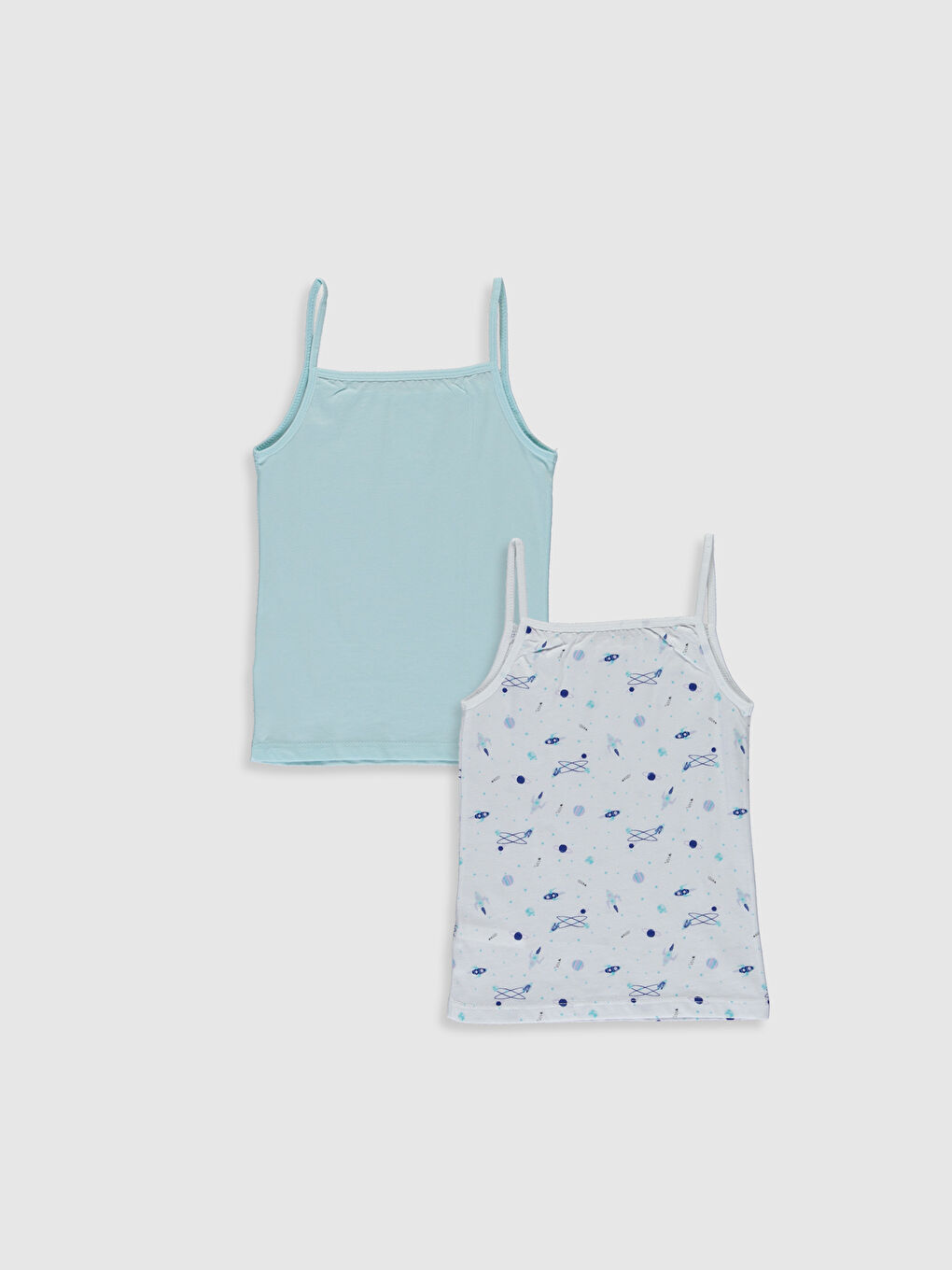 Mavi Kare Yaka Baskılı Askılı Kız Çocuk Atlet 2'li-1