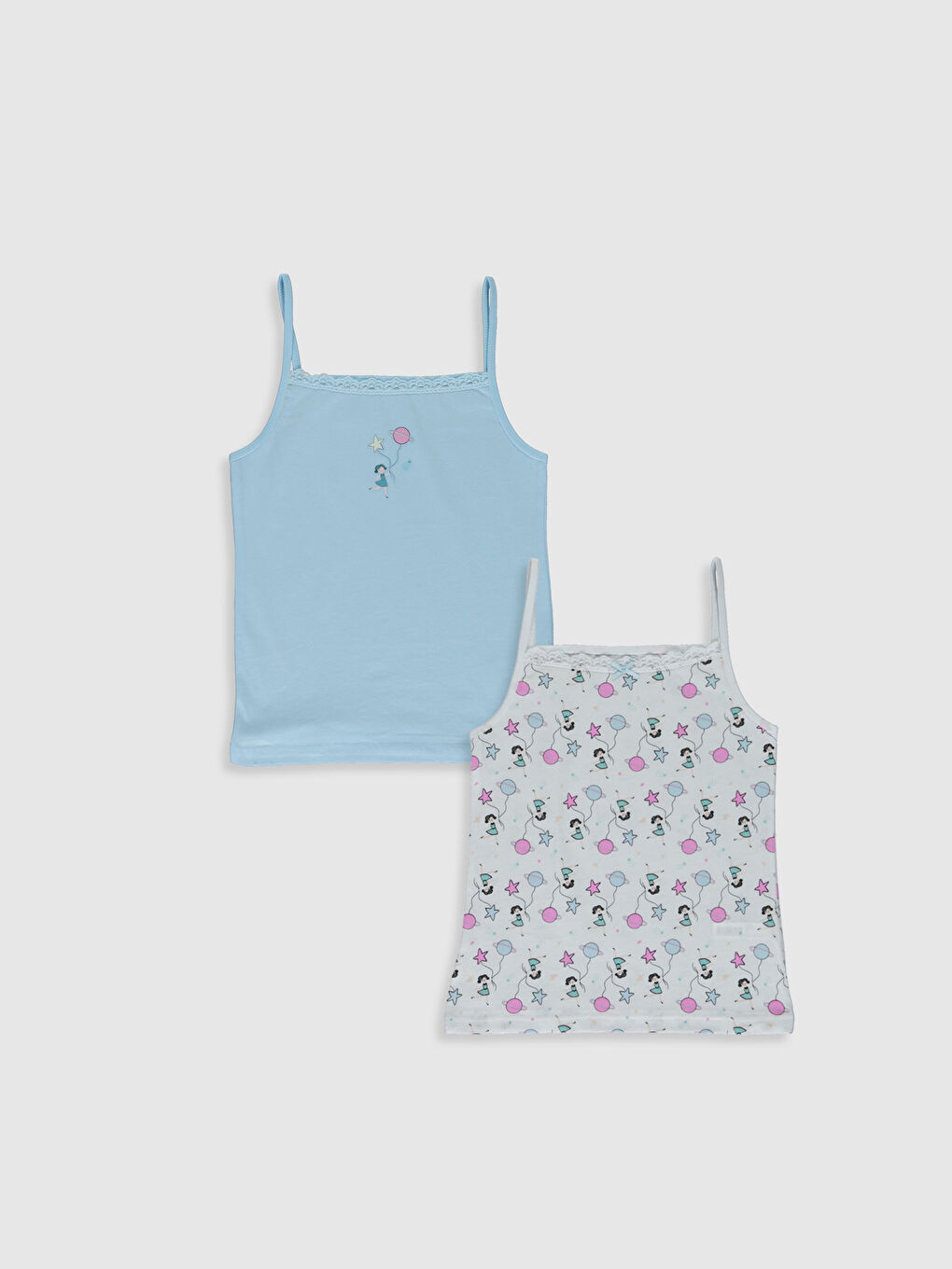 Square Collar Printed Strappy Girls' Vest 2 Pack