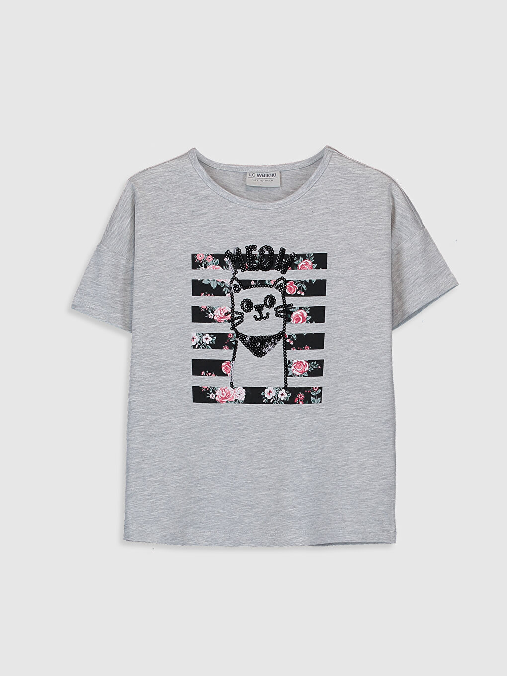 Gri Bisiklet Yaka Kısa Kollu Kız Çocuk Tişört