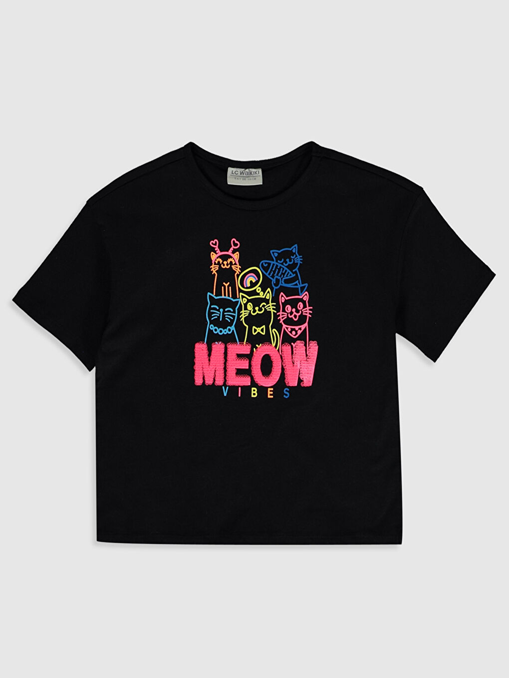 Siyah Bisiklet Yaka Kısa Kollu Kız Çocuk Tişört