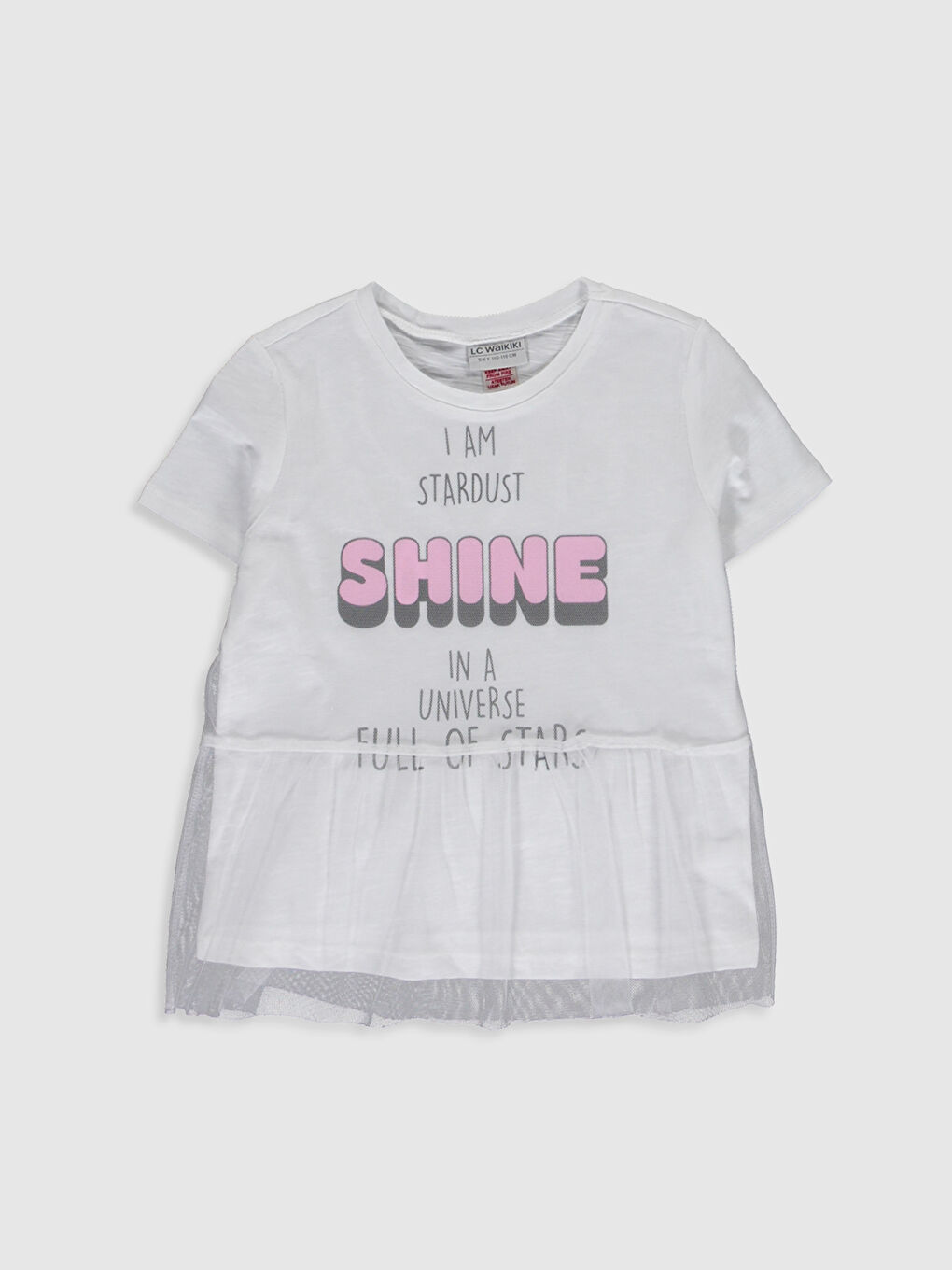 Beyaz Bisiklet Yaka Baskılı Kısa Kollu Kız Çocuk Tişört