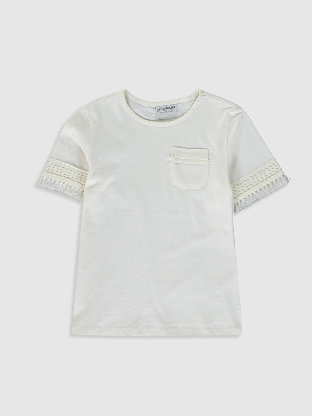 Ekru Bisiklet Yaka Kısa Kollu Kız Çocuk Tişört